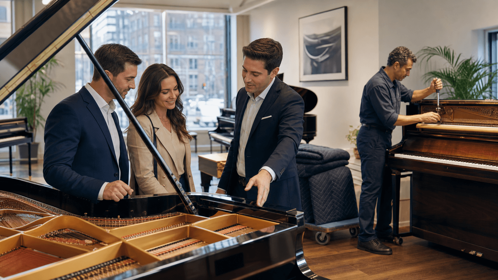 Grand piano in a sunlit showroom, black lacquer reflecting warm light, with city skyline visible through large windows