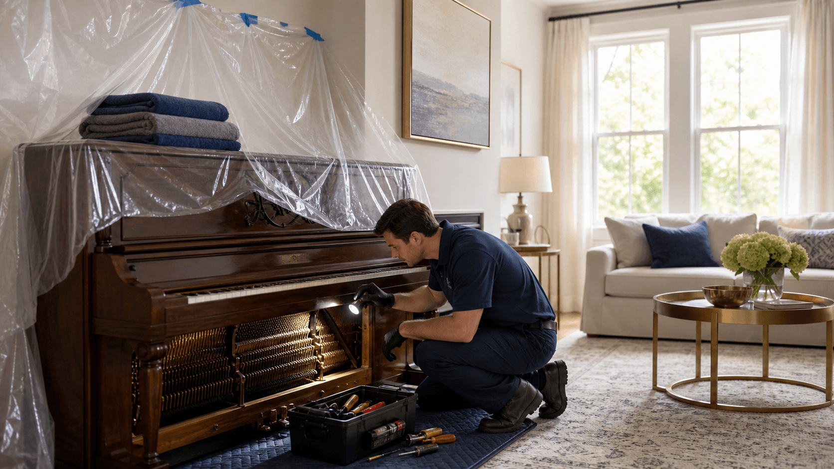 A black upright piano with its front panel open, tools beside it in a warmly lit room.