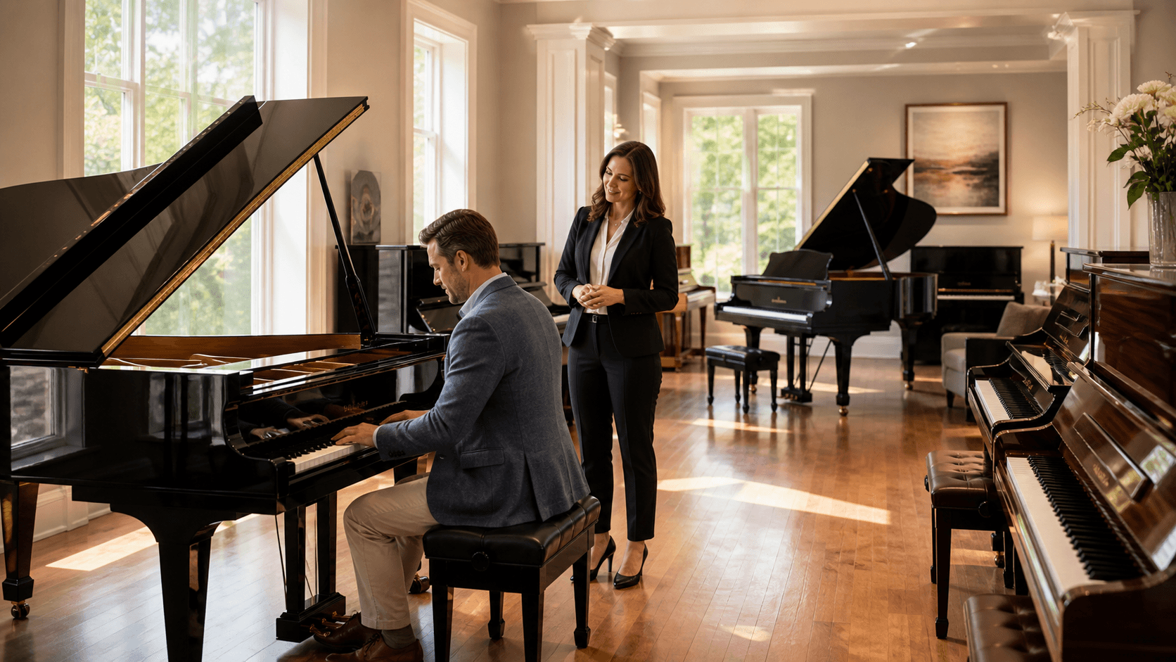 Sunlit piano showroom with glossy grand pianos, warm wood floors, and large windows.