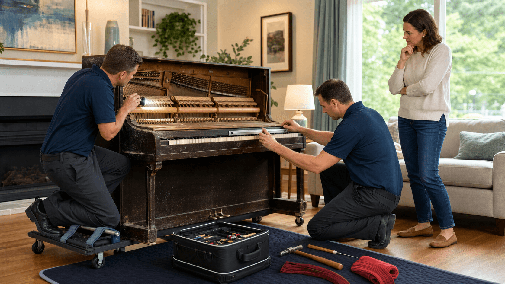 Sunlit upright piano with a “FREE” sign on it, keys exposed, beside a toolbox on a wooden floor.
