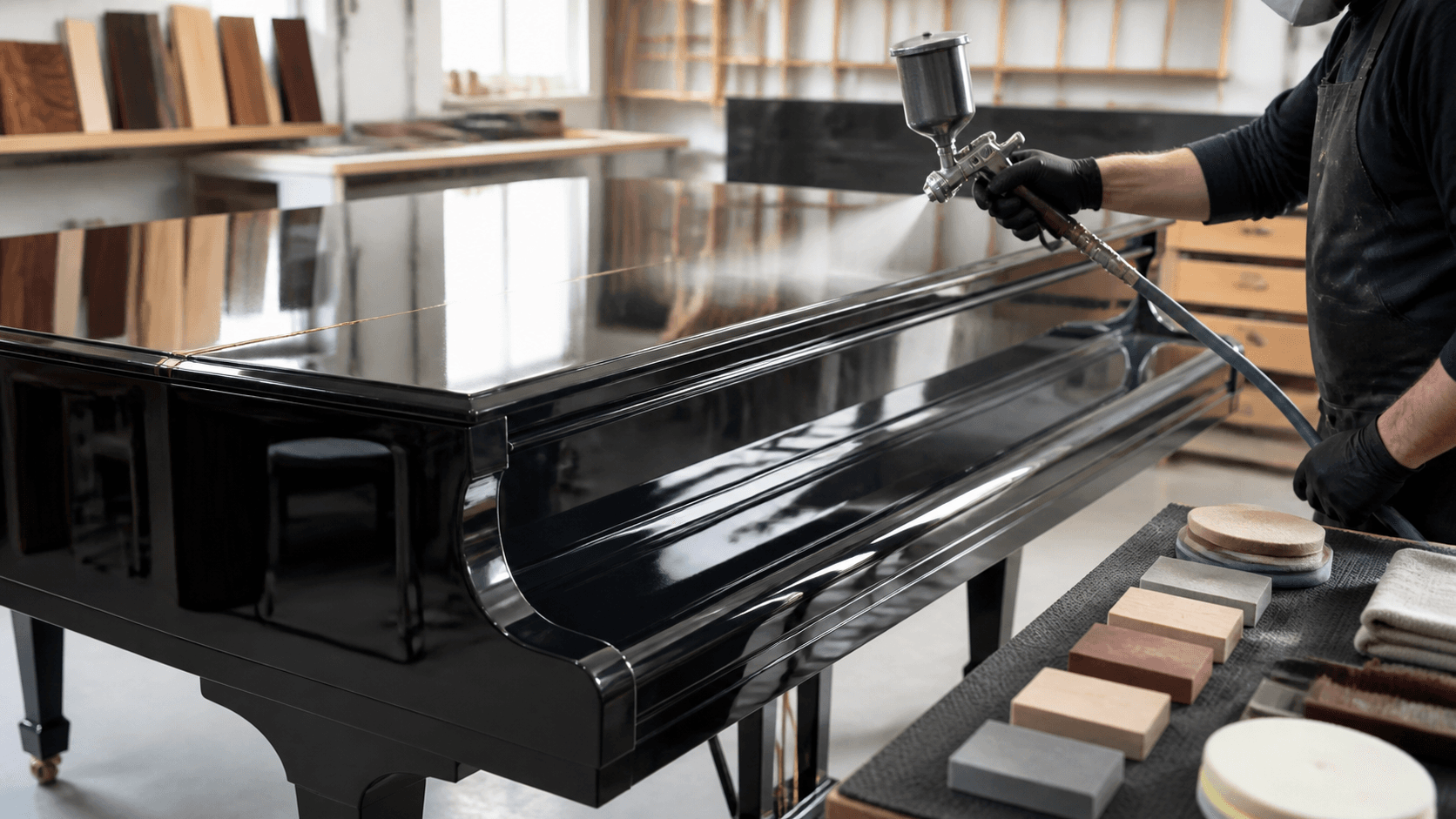 Sunlit close-up of a glossy black grand piano with hands holding sandpaper over the worn wooden edge.
