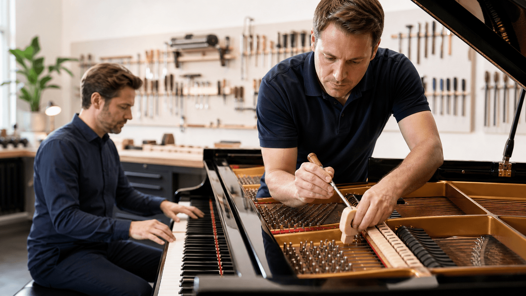 Close-up of piano keys with a technician’s hands using tools under warm workshop lighting.