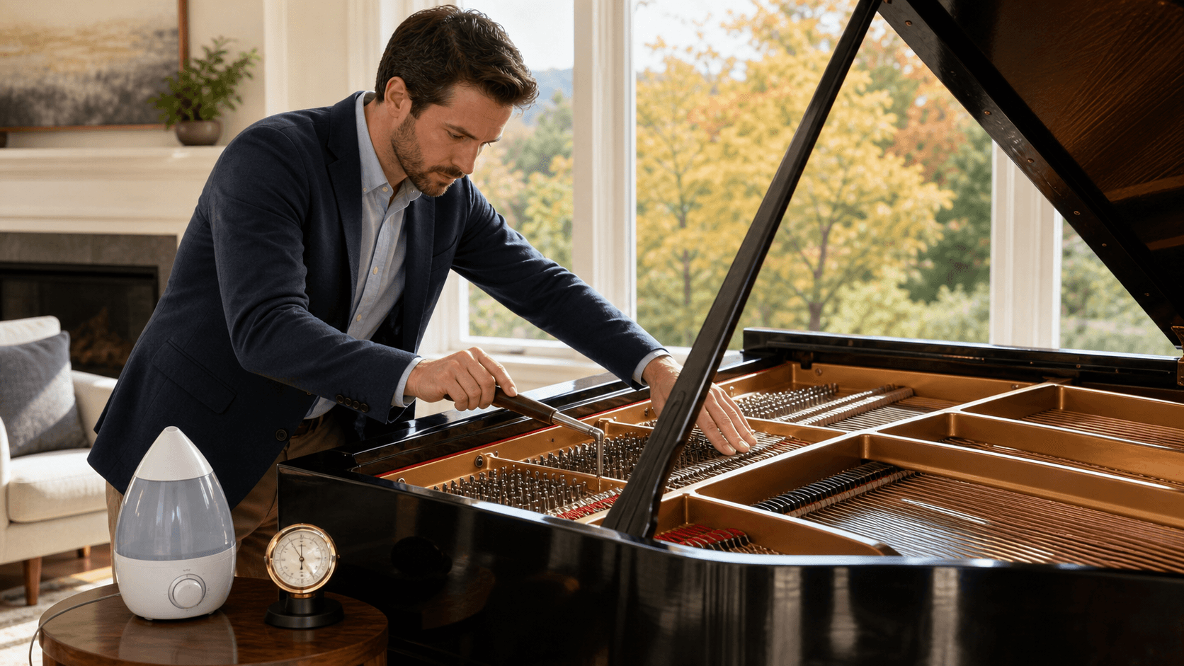 Sunlit upright piano by a window, warm wood tones, autumn leaves outside, tuning hammer and sheet music on top