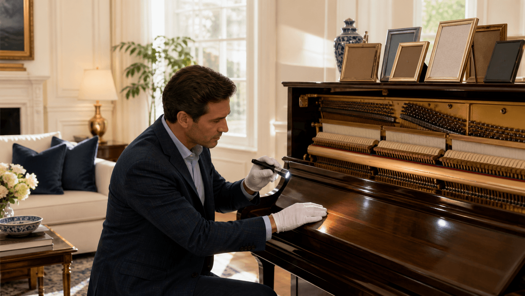 A polished upright piano stands in a sunlit living room beside framed family photos and a vintage appraisal notebook.