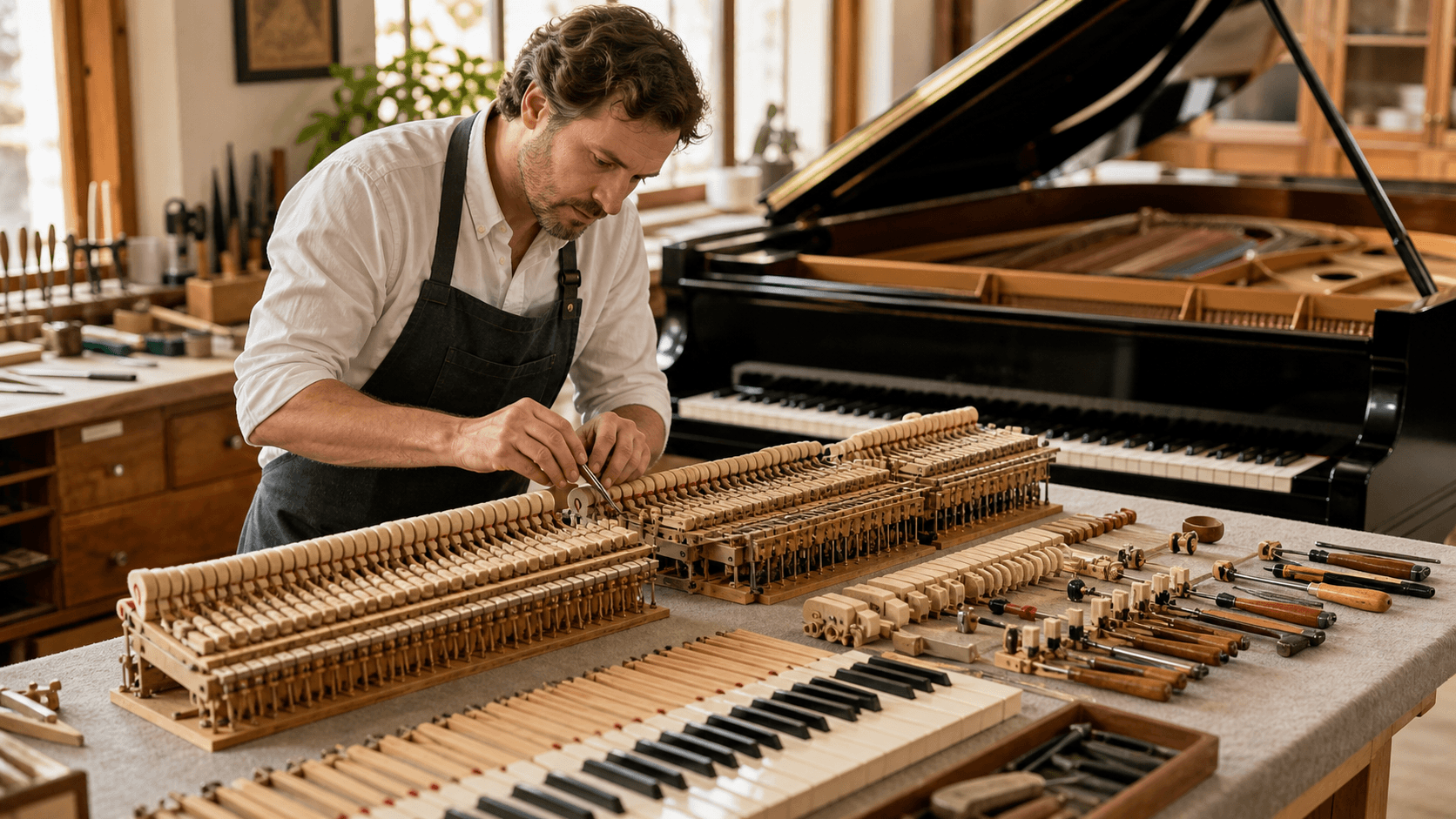 Close-up of piano action hammers and wooden mechanisms in warm light beneath raised keys