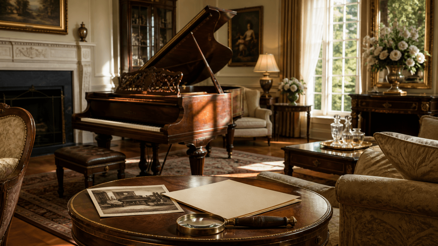 Glossy black grand piano in a sunlit estate room with antique furniture and tall windows.