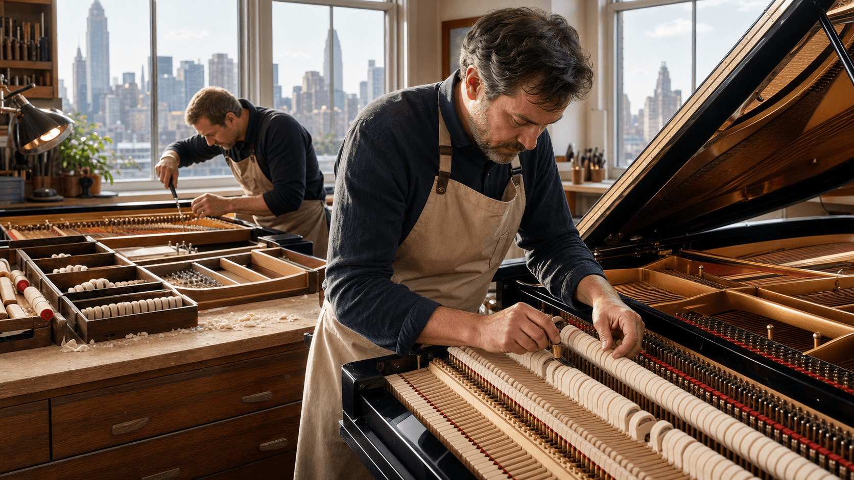 Close-up of a grand piano’s strings and hammers in warm studio light, with a blurred technician’s hands in back.