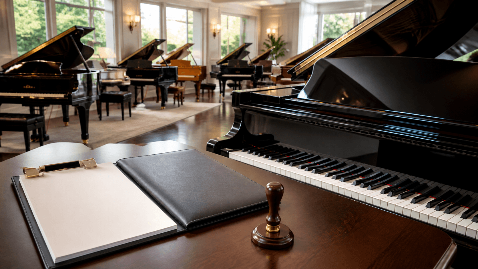 Elegant black grand piano in a sunlit showroom with cream walls and polished wood floors.