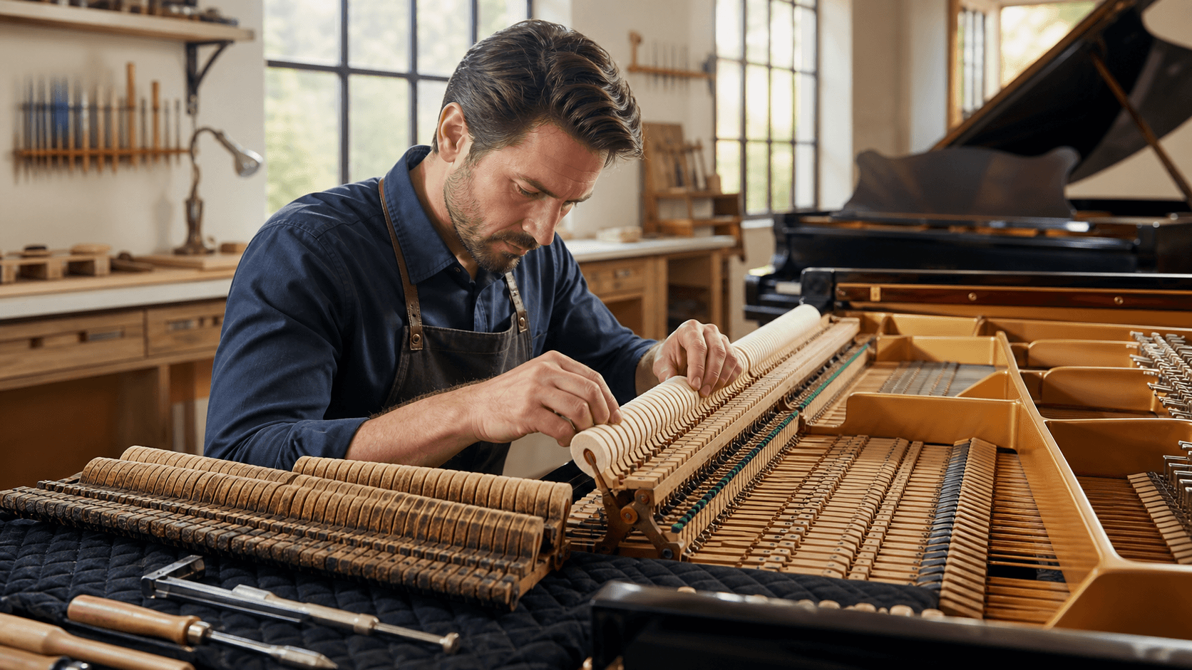 Close-up of piano action with felt hammers above strings, warm wood tones and soft side lighting.