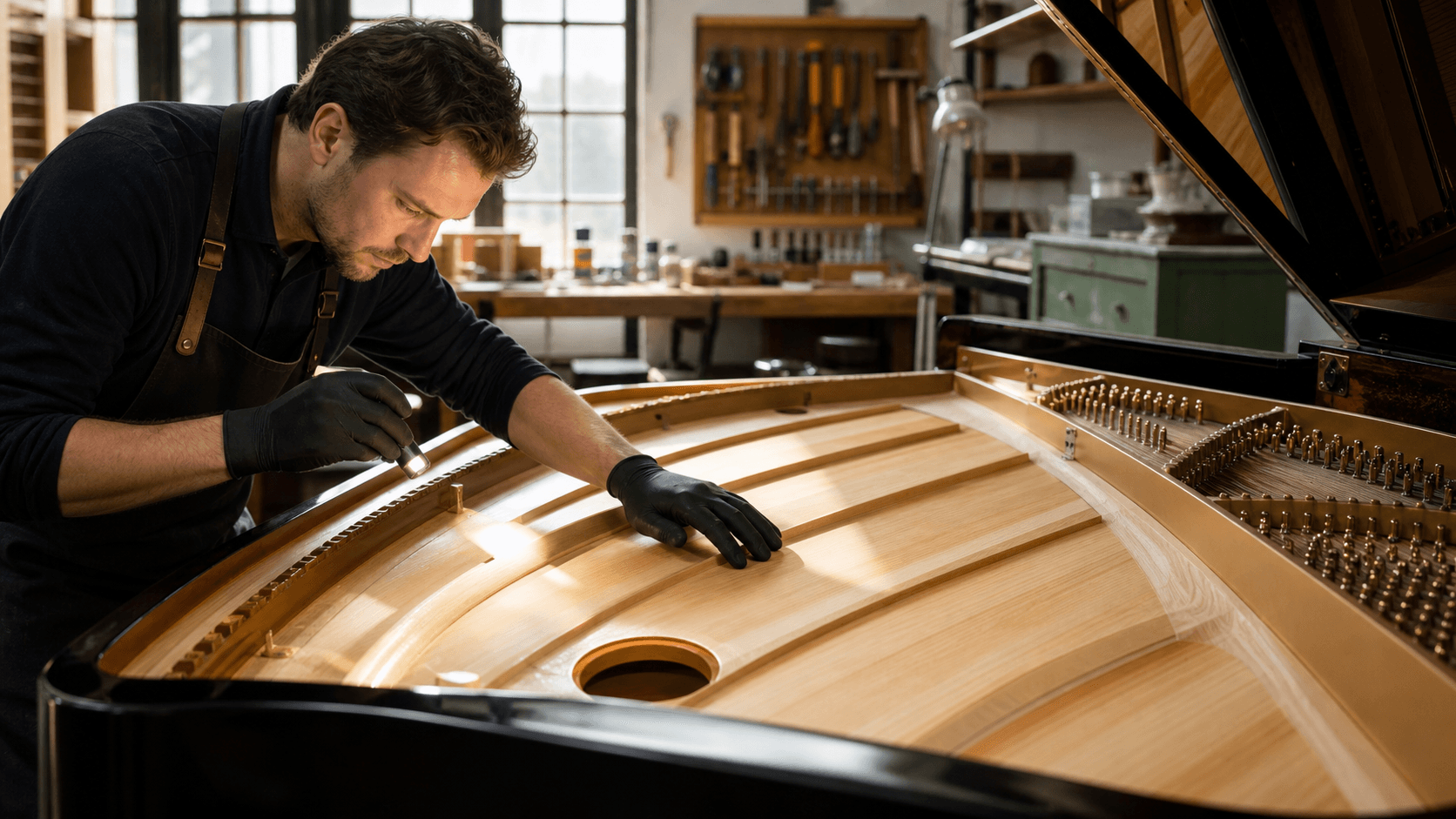 Close-up of a grand piano’s golden soundboard and strings under warm workshop lighting.