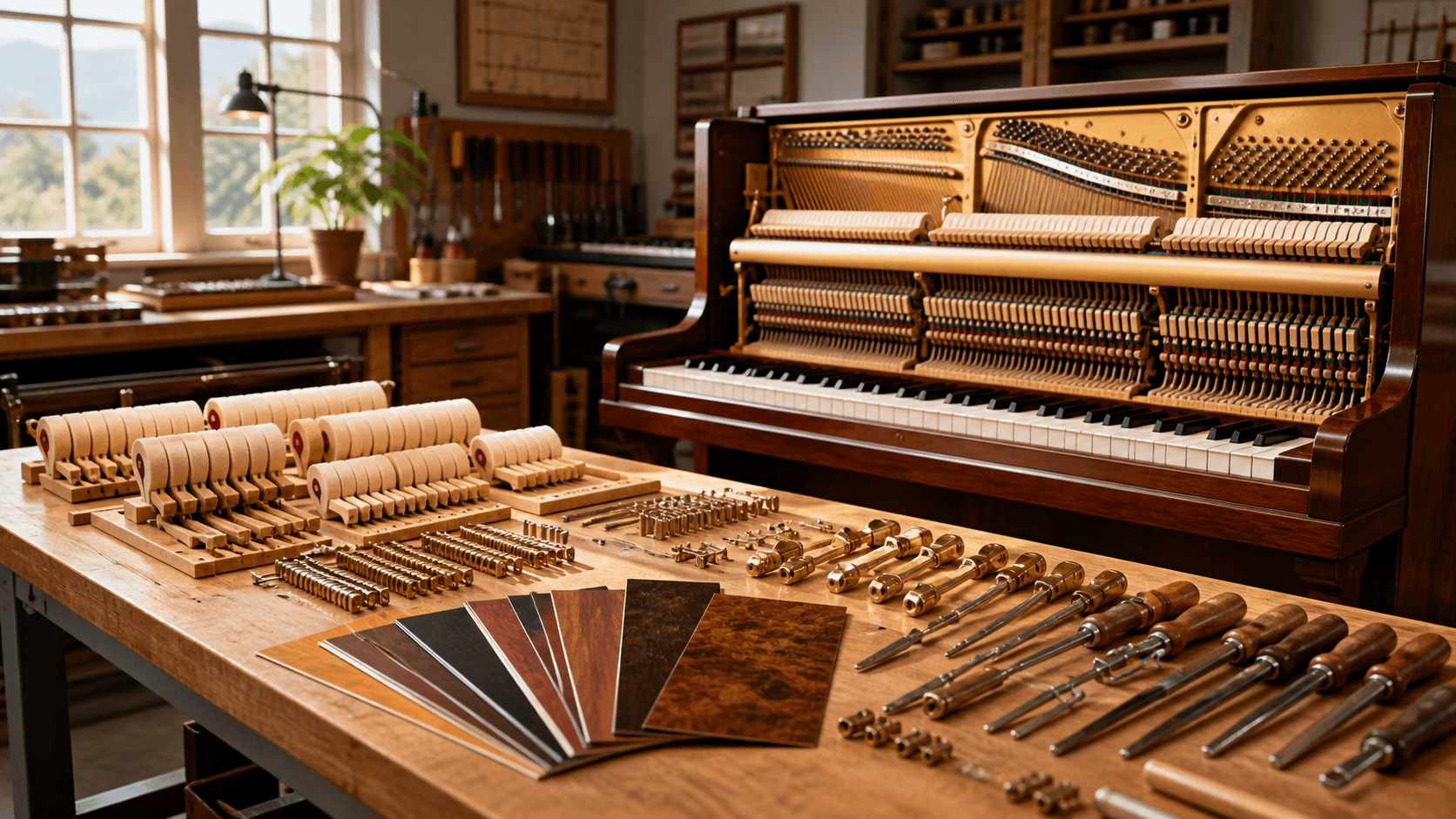 Close-up of a grand piano’s exposed golden harp and strings beside worn wooden action parts.